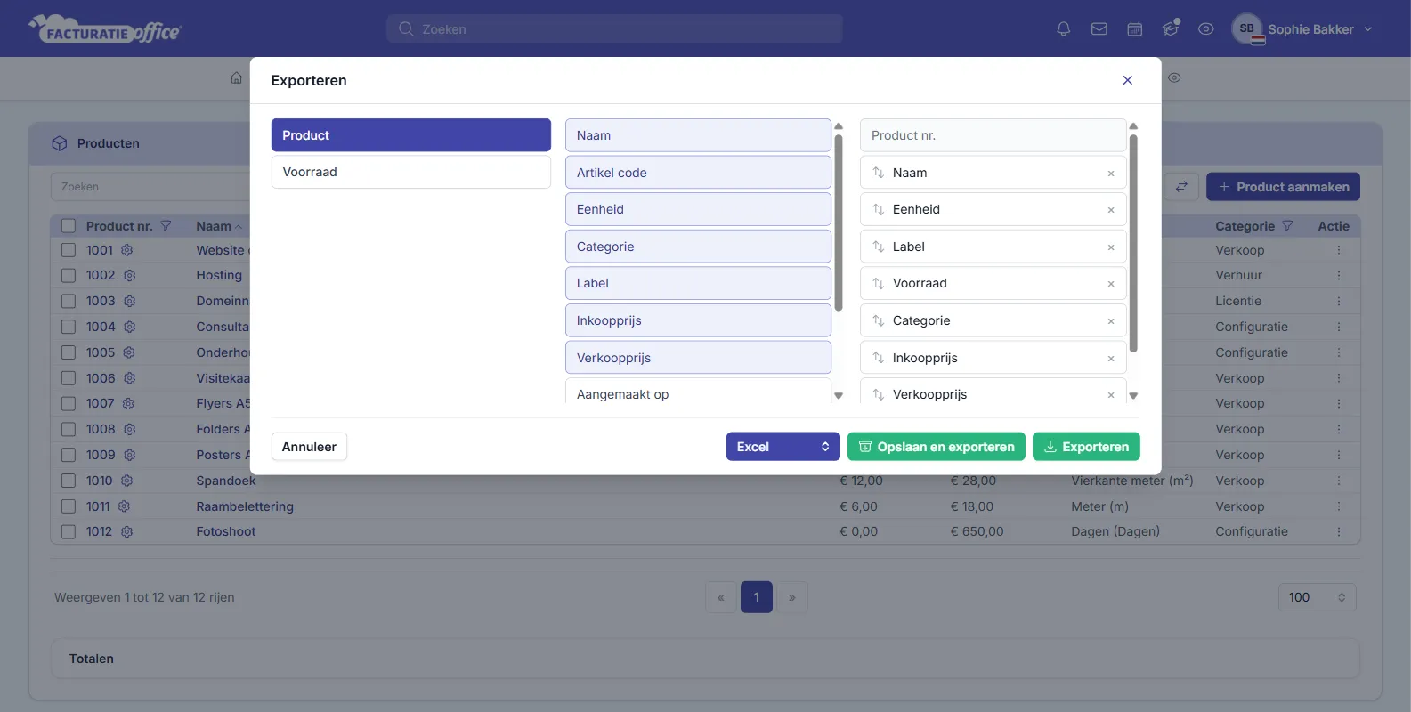 Producten exporteren: kies de velden en exporteer naar Excel, CSV of PDF