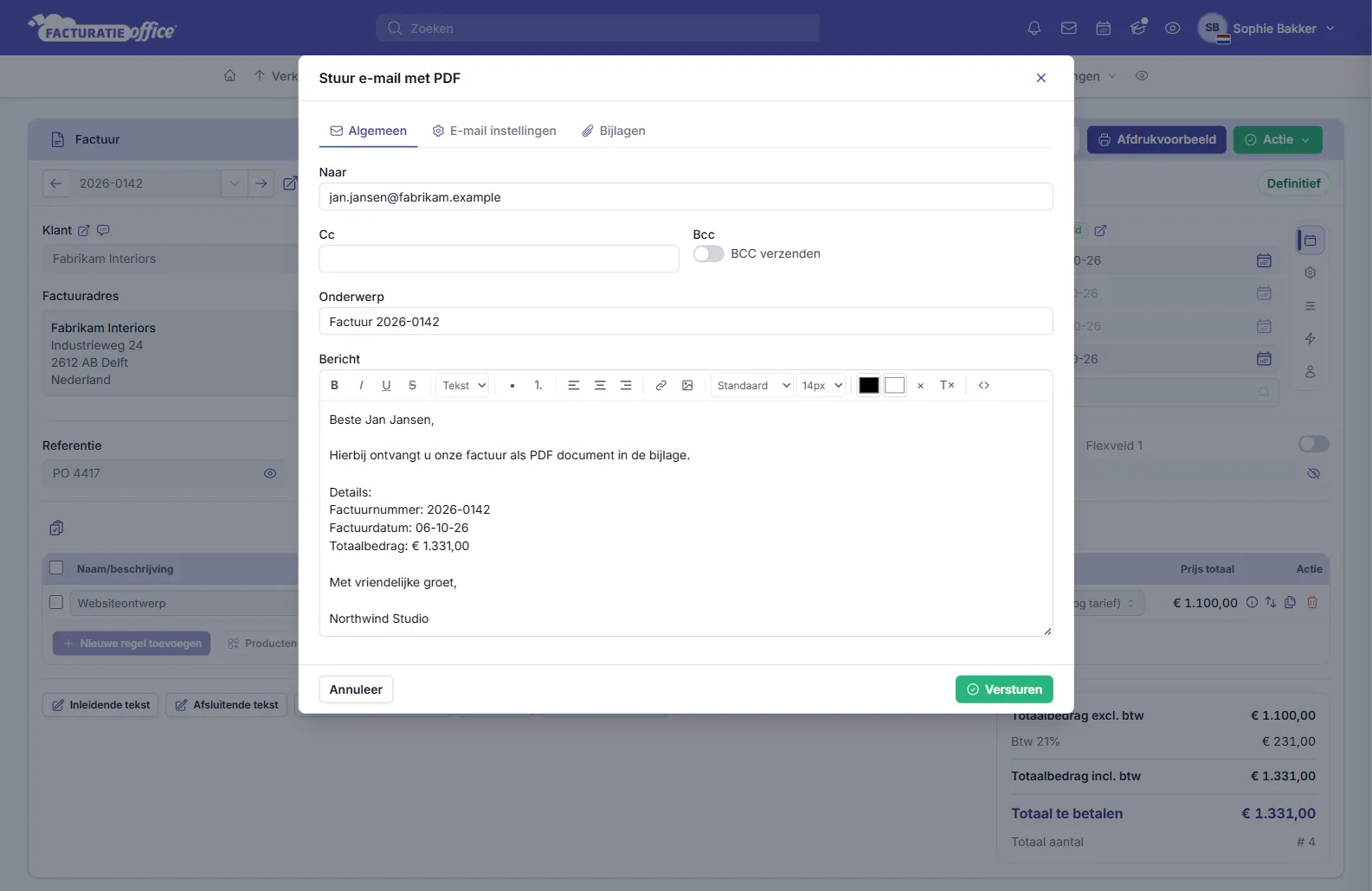 Factuur per e-mail versturen met de PDF als bijlage: ontvanger, CC, onderwerp en bericht