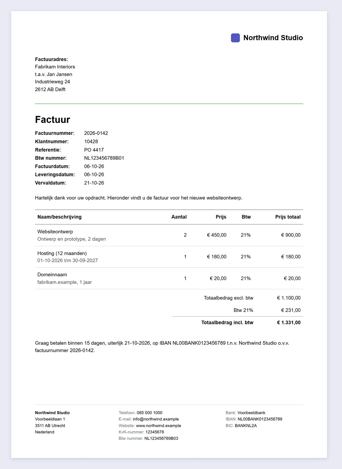 Voorbeeld factuur die aan de wettelijke eisen voldoet: naam en adres van leverancier en afnemer, KvK- en btw-nummer, uniek factuurnummer, factuur- en leveringsdatum, omschrijving met aantallen, btw-tarief en bedragen