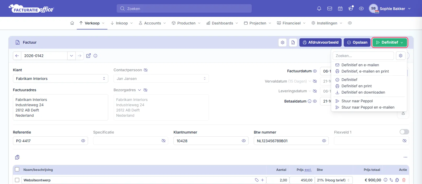 Het menu Definitief geopend op een factuur in Facturatie Office, met een zoekveld en Definitief en e-mailen, Definitief, e-mailen en print, Definitief, Definitief en print, Definitief en downloaden, Stuur naar Peppol en Stuur naar Peppol en e-mailen; de knop Definitief is rood omlijnd