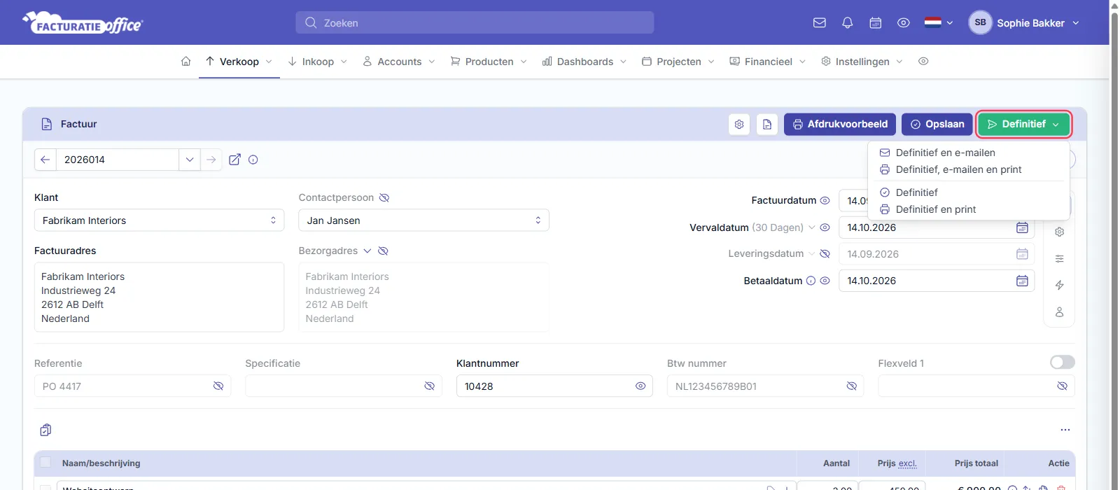 Het menu Definitief geopend op een factuur in Facturatie Office, met Definitief en e-mailen, Definitief, e-mailen en print, Definitief en Definitief en print; de knop Definitief is rood omlijnd