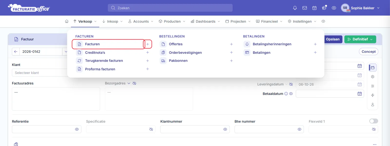 Het menu Verkoop in Facturatie Office met onder FACTUREN de items Facturen, Creditnota's, Terugkerende facturen en Proforma facturen, elk met een plusje; Facturen en het plusje ernaast zijn rood omlijnd