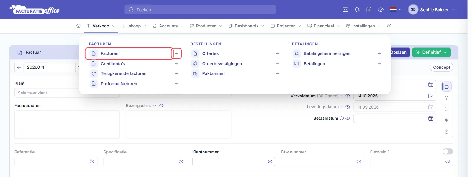 Het menu Verkoop in Facturatie Office met onder FACTUREN de items Facturen, Creditnota's, Terugkerende facturen en Proforma facturen, elk met een plusje; Facturen en het plusje ernaast zijn rood omlijnd