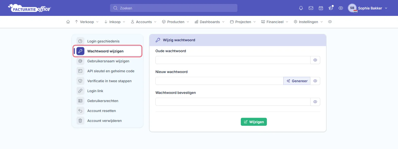 De pagina Wijzig wachtwoord in het Beveiligingscentrum van Facturatie Office, met links het menu Login geschiedenis, Wachtwoord wijzigen, Gebruikersnaam wijzigen, API sleutel en geheime code, Verificatie in twee stappen, Login link, Gebruikersrechten, Account resetten en Account verwijderen, en rechts de velden Oude wachtwoord, Nieuw wachtwoord met de knop Genereer en Wachtwoord bevestigen; het menu-item Wachtwoord wijzigen is rood omlijnd