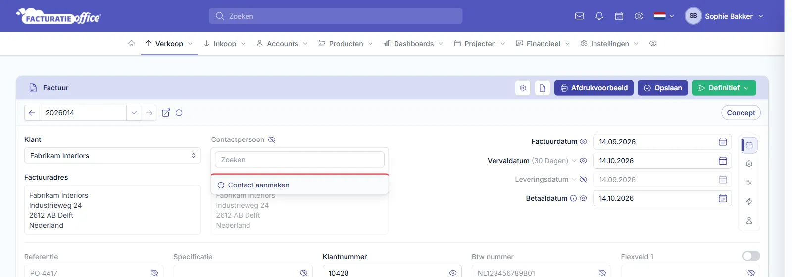 Een nieuwe factuur in Facturatie Office voor Fabrikam Interiors met het keuzemenu van het veld Contactpersoon geopend; de knop Contact aanmaken is rood omlijnd