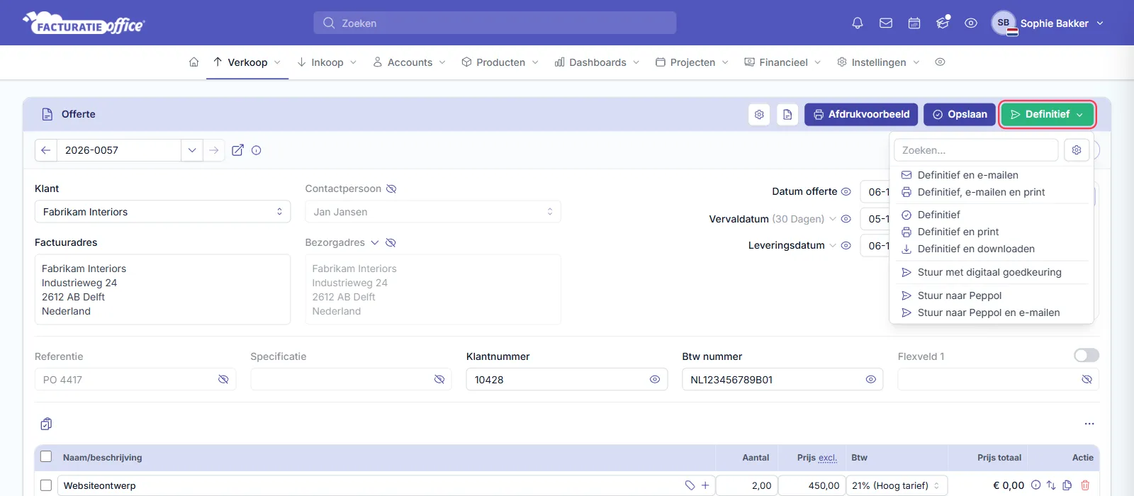 Het menu Definitief geopend op een offerte in Facturatie Office, met Definitief en e-mailen, Definitief, e-mailen en print, Definitief, Definitief en print, Definitief en downloaden, Stuur met digitaal goedkeuring, Stuur naar Peppol en Stuur naar Peppol en e-mailen; de knop Definitief is rood omlijnd