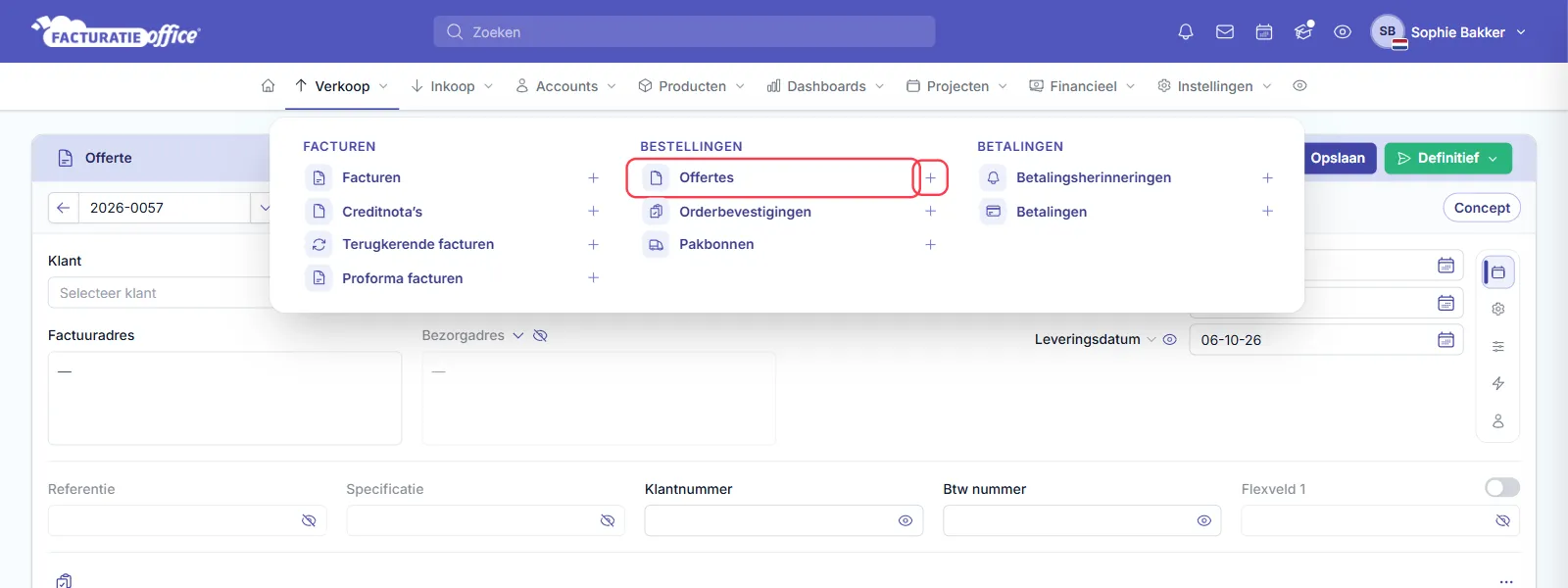 Het menu Verkoop in Facturatie Office met onder BESTELLINGEN de items Offertes, Orderbevestigingen en Pakbonnen, elk met een plusje; Offertes en het plusje ernaast zijn rood omlijnd