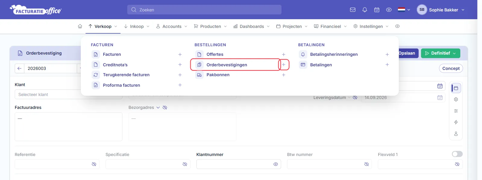 Het menu Verkoop in Facturatie Office met onder BESTELLINGEN de items Offertes, Orderbevestigingen en Pakbonnen, elk met een plusje; Orderbevestigingen en het plusje ernaast zijn rood omlijnd