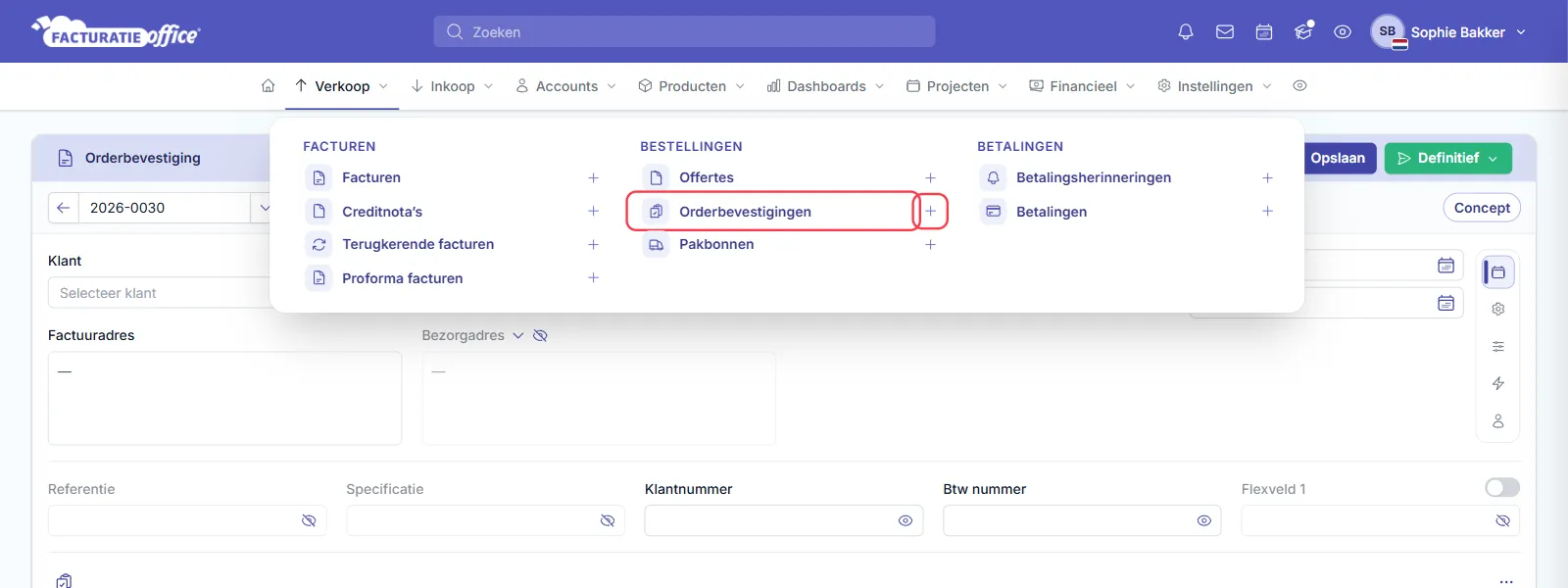 Het menu Verkoop in Facturatie Office met onder BESTELLINGEN de items Offertes, Orderbevestigingen en Pakbonnen, elk met een plusje; Orderbevestigingen en het plusje ernaast zijn rood omlijnd