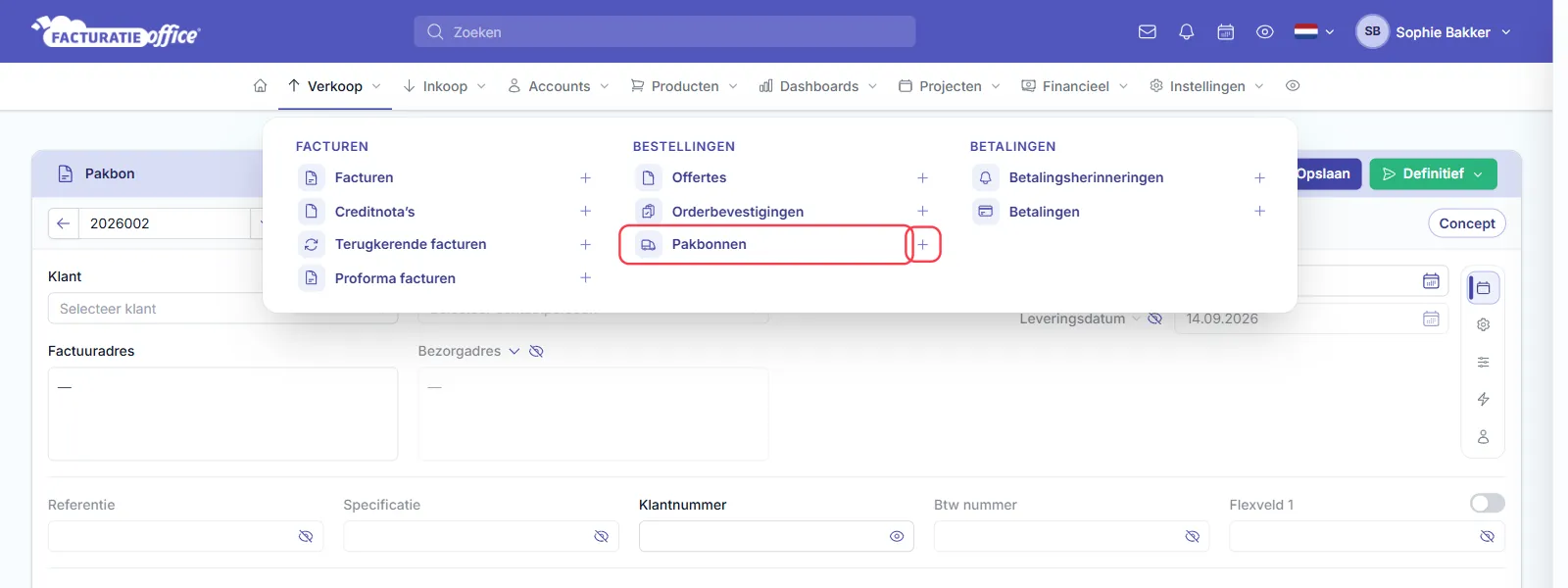 Het menu Verkoop in Facturatie Office met onder BESTELLINGEN de items Offertes, Orderbevestigingen en Pakbonnen, elk met een plusje; Pakbonnen en het plusje ernaast zijn rood omlijnd