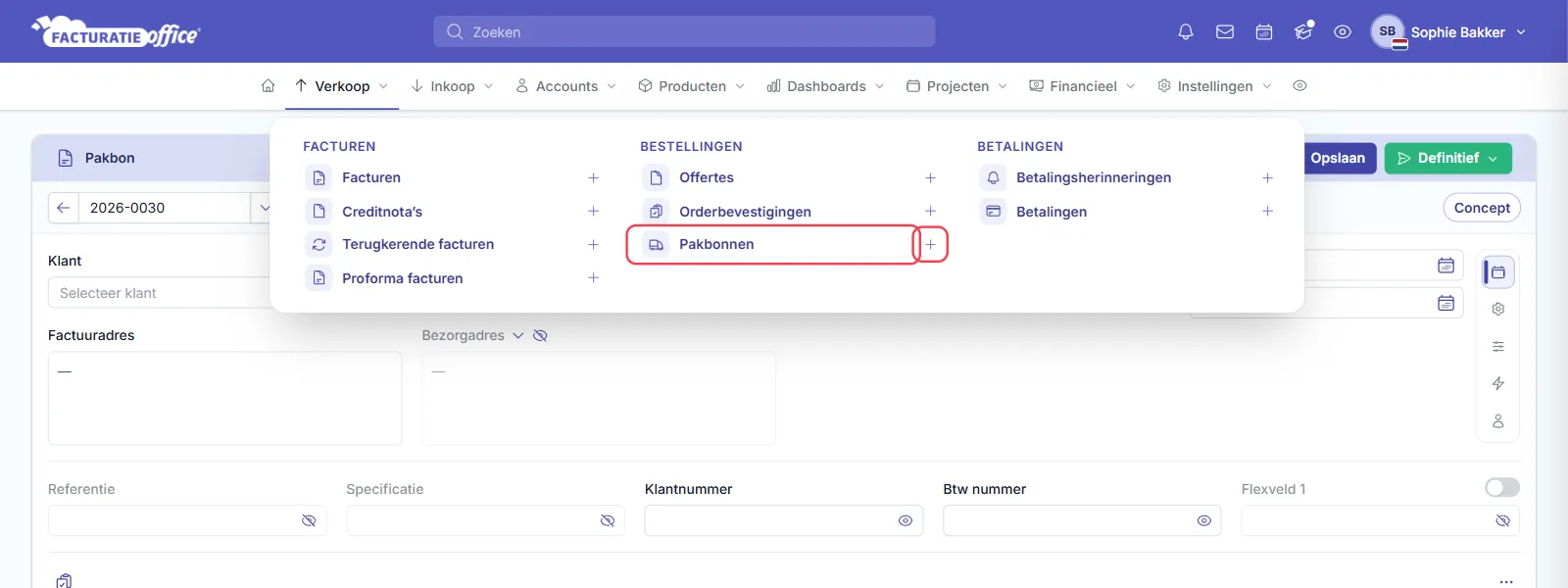 Het menu Verkoop in Facturatie Office met onder BESTELLINGEN de items Offertes, Orderbevestigingen en Pakbonnen, elk met een plusje; Pakbonnen en het plusje ernaast zijn rood omlijnd