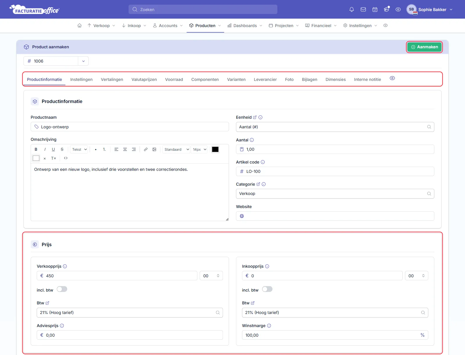 Het formulier Product aanmaken in Facturatie Office met de tabbladen Productinformatie tot en met Interne notitie, productnummer 1006, productnaam Logo-ontwerp, eenheid Aantal (#), artikelcode LO-100, categorie Verkoop, en onder Prijs een verkoopprijs van € 450 en inkoopprijs van € 0 met btw 21%, een adviesprijs en een winstmarge van 100%; de knop Aanmaken, de tabbladen en het blok Prijs zijn rood omlijnd