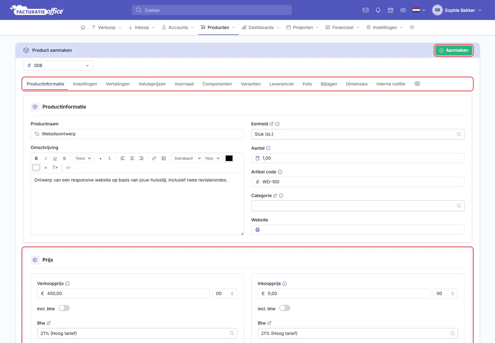 Het formulier Product aanmaken in Facturatie Office met de tabbladen Productinformatie tot en met Interne notitie, productnaam Websiteontwerp, eenheid Stuk, artikelcode WD-100, en onder Prijs een verkoopprijs van € 450,00 en inkoopprijs van € 0,00 met btw 21%; de knop Aanmaken, de tabbladen en het blok Prijs zijn rood omlijnd