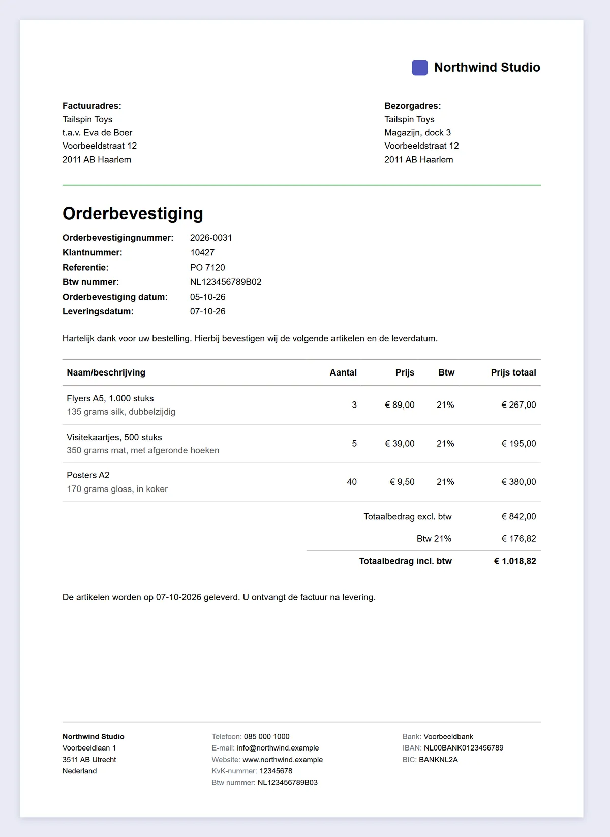 Voorbeeld orderbevestiging uit Facturatie Office met factuur- en bezorgadres, leveringsdatum, orderregels en totaalbedrag