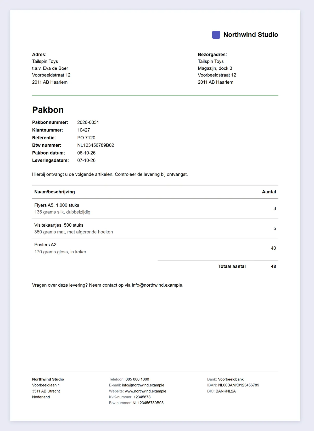 Voorbeeld pakbon uit Facturatie Office: adres en bezorgadres, pakbonnummer, leveringsdatum en artikelen met aantallen