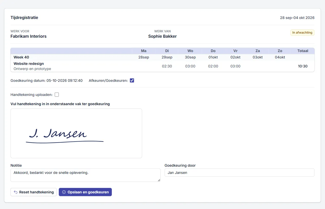 Goedkeuringspagina voor de opdrachtgever: urenoverzicht van de week met digitale handtekening en goedkeuren