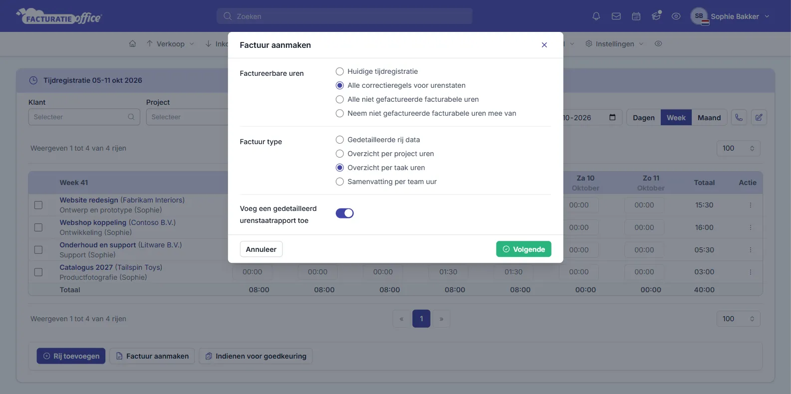 Factuur aanmaken vanuit de tijdregistratie: kies welke uren je factureert en hoe ze op de factuur komen