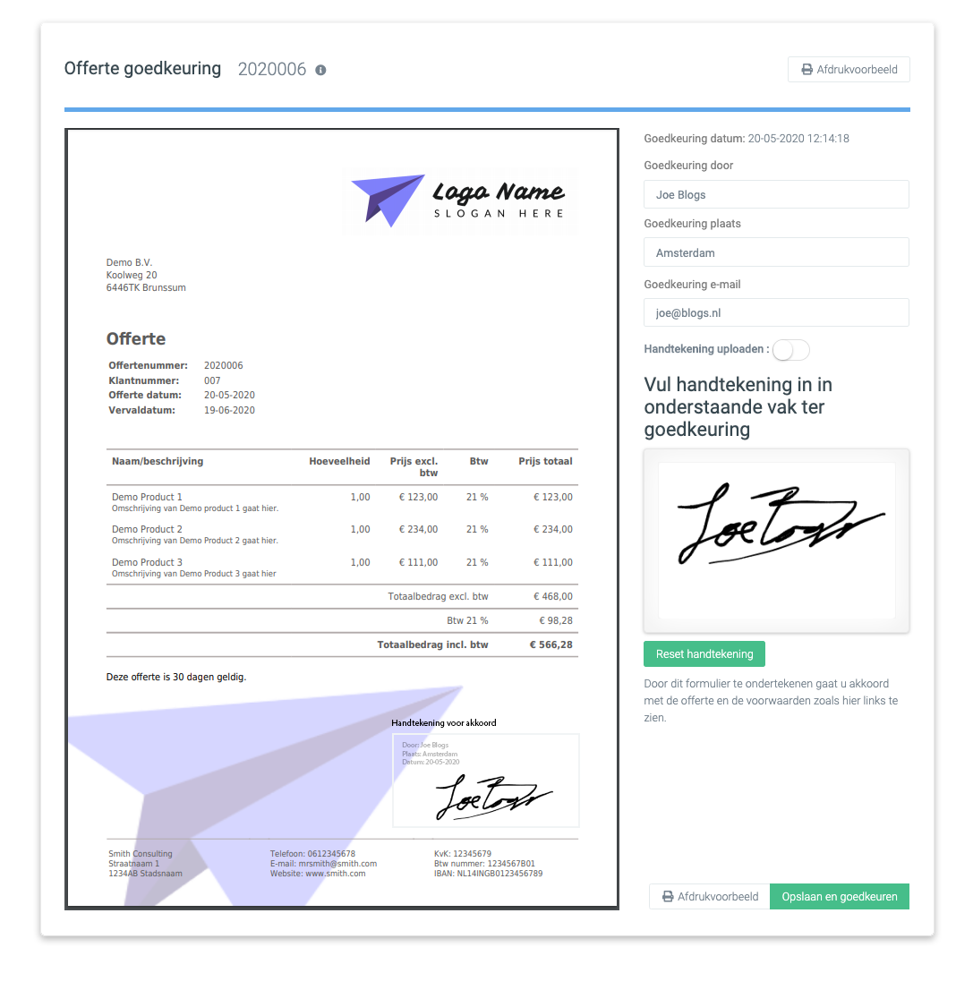 Offerte maken met digitale handtekening van de klant ter goedkeuring