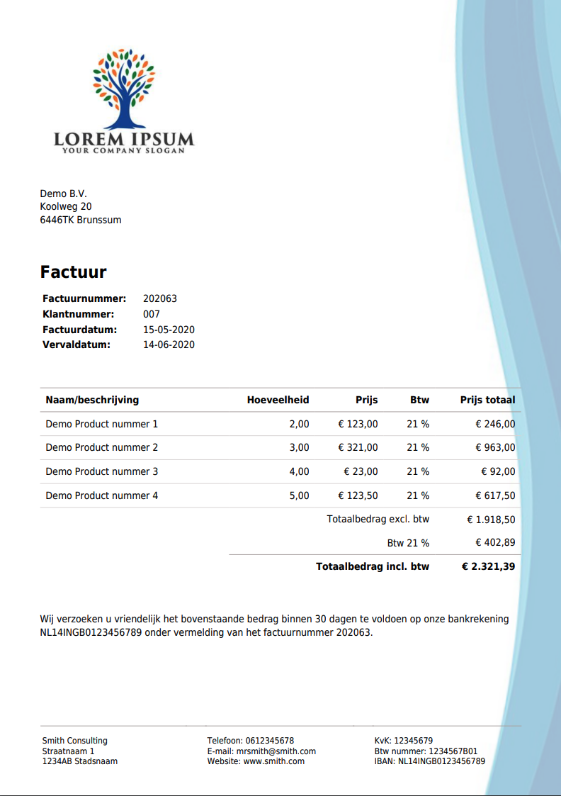 Voorbeeld van een factuur template van Facturatie Office