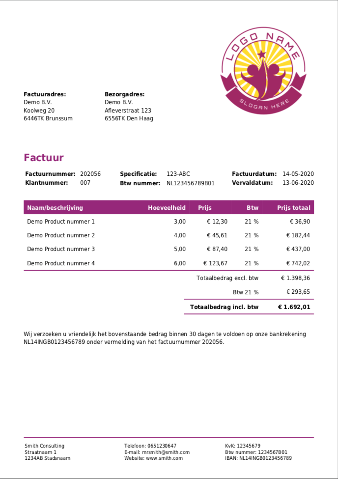 Factuur voorbeeld met bezorgadres getoond op de factuur