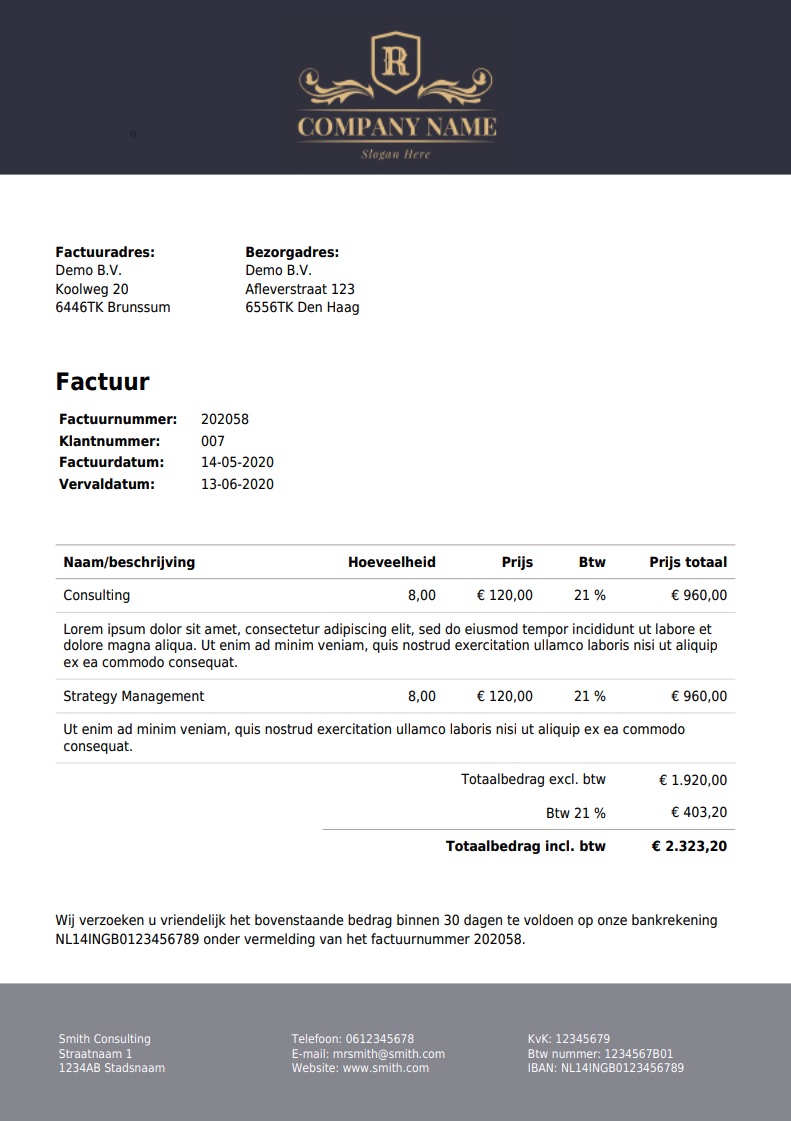 Voorbeeld factuur van een financieel dienstverlener