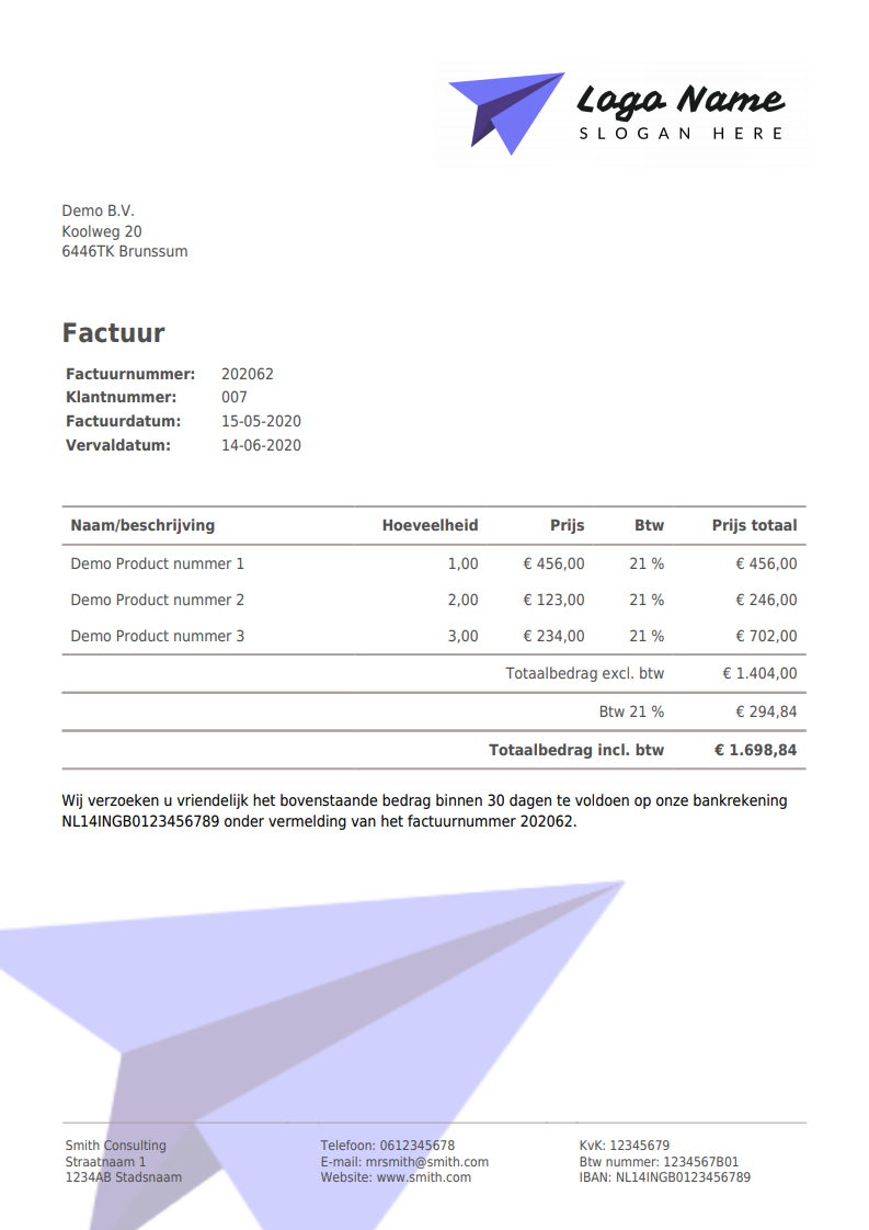 Factuur voorbeeld met sjabloon gemaakt van Facturatie Office
