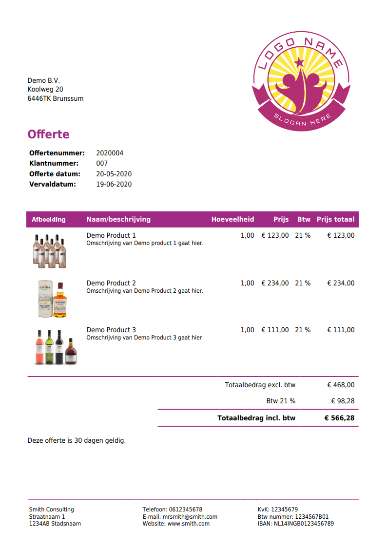 Offerte voorbeeld met afbeeldingen van artikelen
