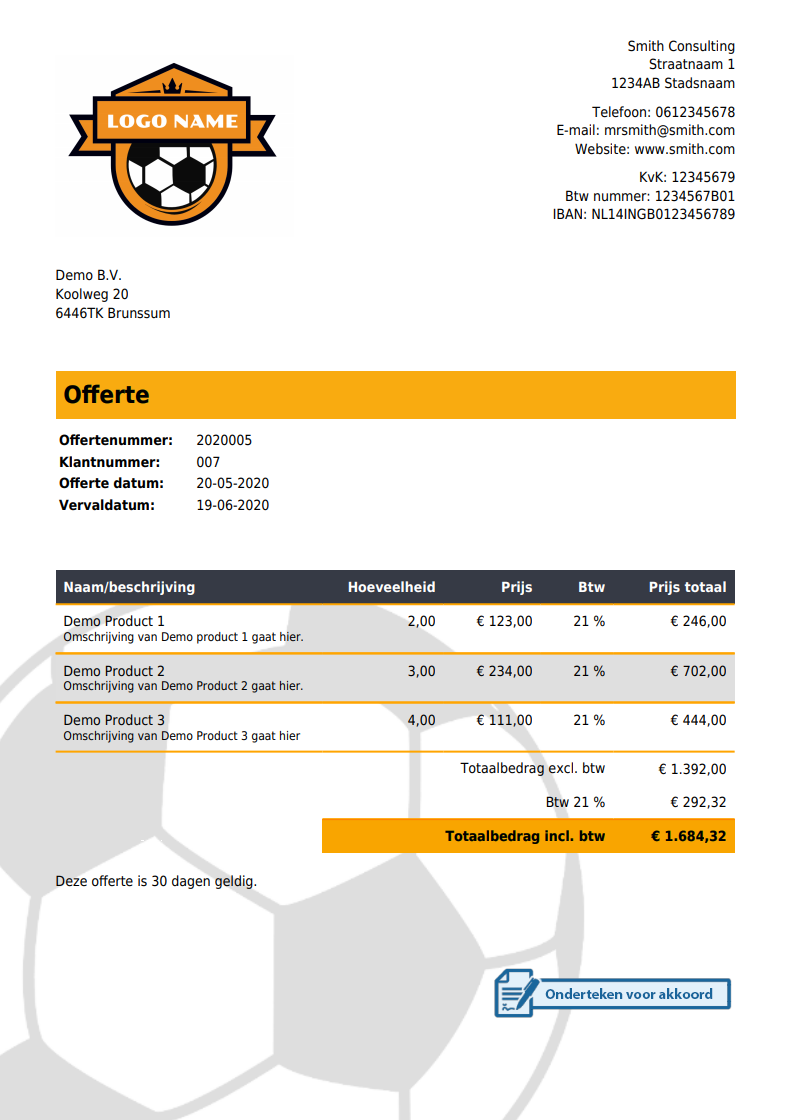 Offerte voorbeeld van een sports bedrijf
