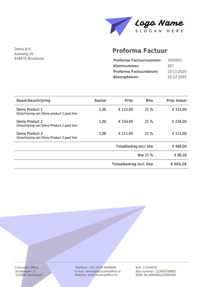 Pro-forma factuur document voorbeeld